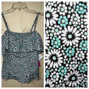 Fit 4 U Swimsuit Tankini Top Womens 8 Flounce Off Shoulder Mint Green Daisy QVC